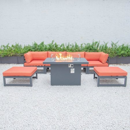 LEISUREMOD Chelsea 7-Piece Patio Ottoman Sectional And Fire Pit Table Black Aluminum With Orange Cushions CSFOBL-7OR